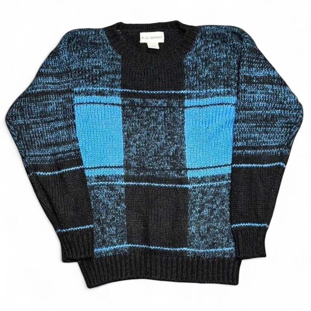 Vintage EZ Spirit Blue Black Plaid Block Knit Sweater Size Medium